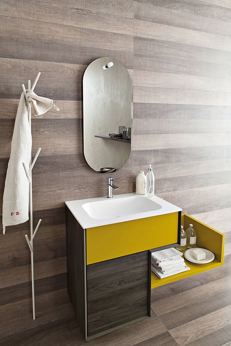 Closer look at the bright yellow vanity with sleek Italian style