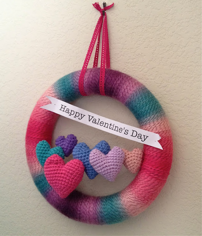 Colorful Valentine's Day wreath made from yarn