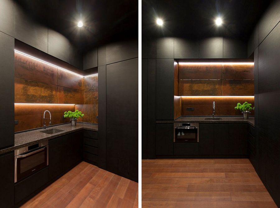 Contemporary kitchen in black with dark wooden cabinets