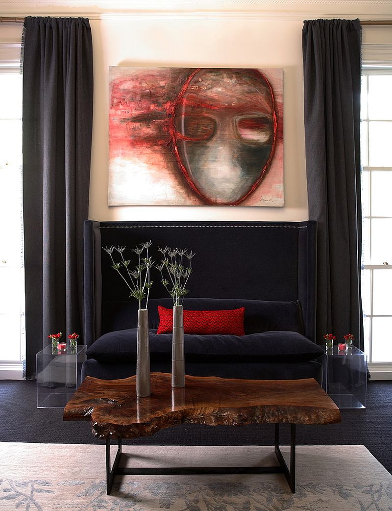 Cool live edge coffee table becomes a fun focal point in the contemporary living room [Design: Dillard Pierce Design Associates]