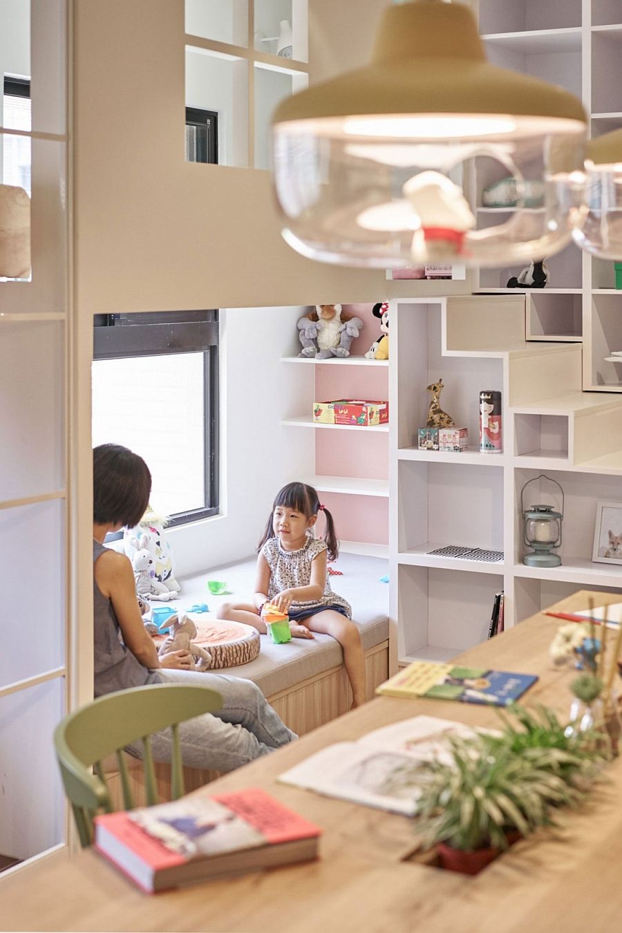 Corner kids' nook and shelving idea