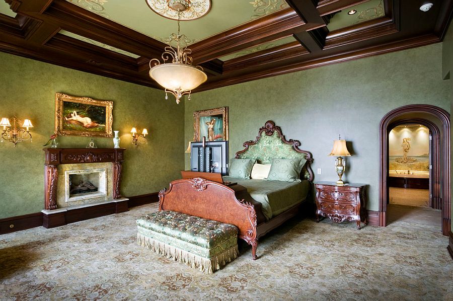 Custom ceiling designs with ornate patterns are perfect for the Victorian bedroom [Design: Electronics Design Group]