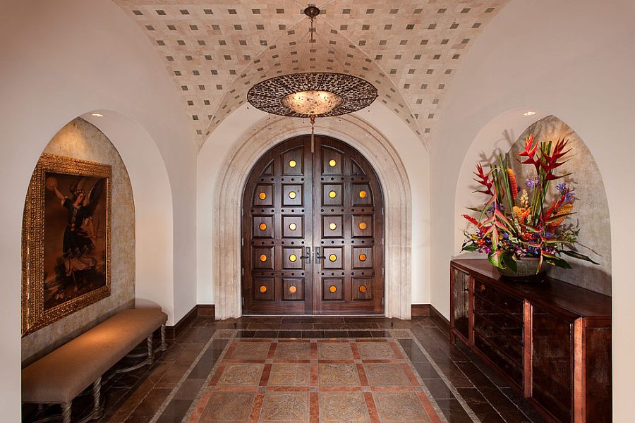 Custom designed doors and ceiling for the Mediterranean entry