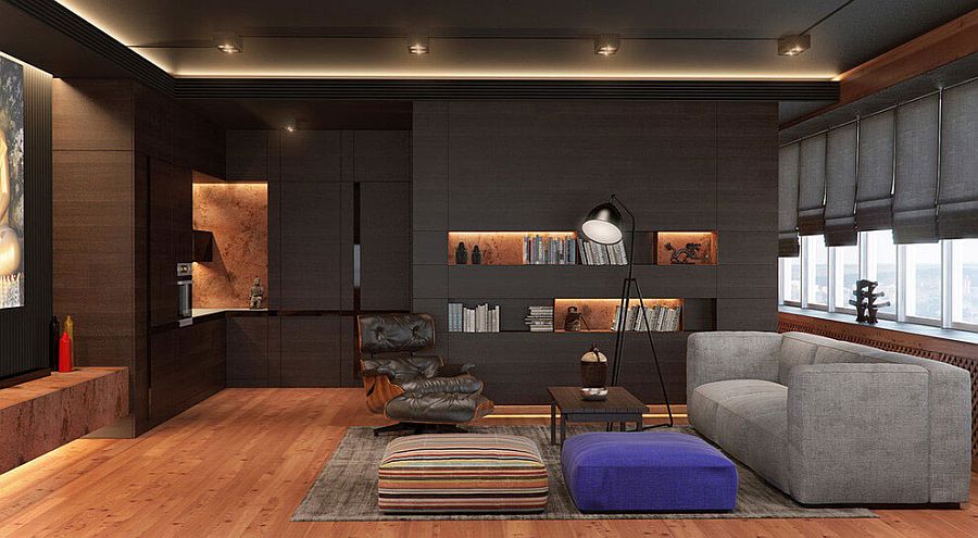 Dark walls give the apartment a masculine, modern vibe