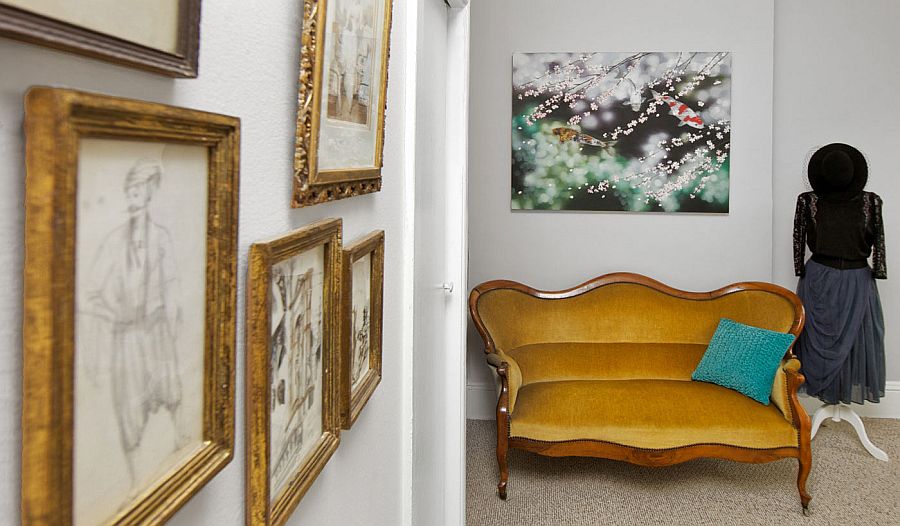 Dashing gallery wall and antiques for a cheerful, eclectic home