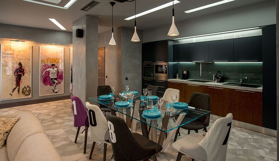 Dining area with chairs that sport jersey numbers of the owner and his friends