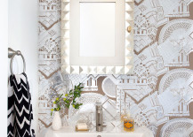 Eclectic bathroom with wallpaper and a geometric mirror 217x155 Bring Living Room Style to Your Powder Room