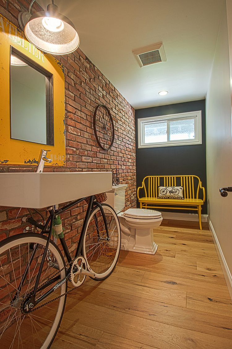 Exceptional powder room with bicycle sink and pops of yellow