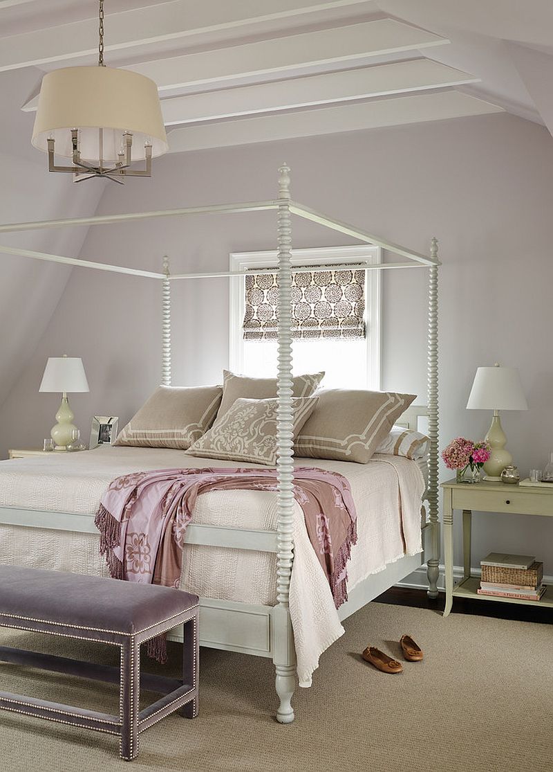 Four poster bed and pastel purple backdrop blend modernity with Victorian elegance [Design: Andrew Howard Interior Design]