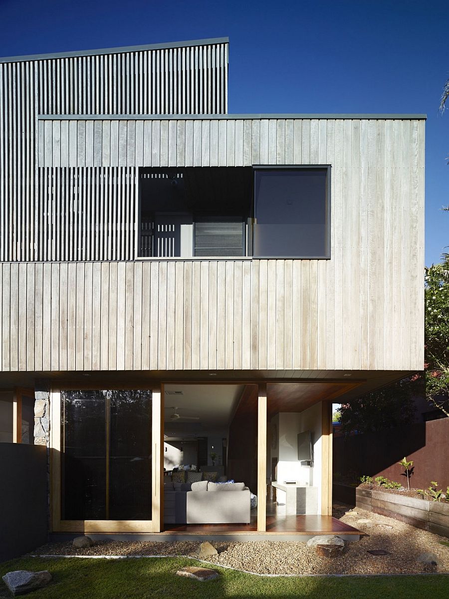 Greying timber exterior of Sunshine Beach House in Newstead