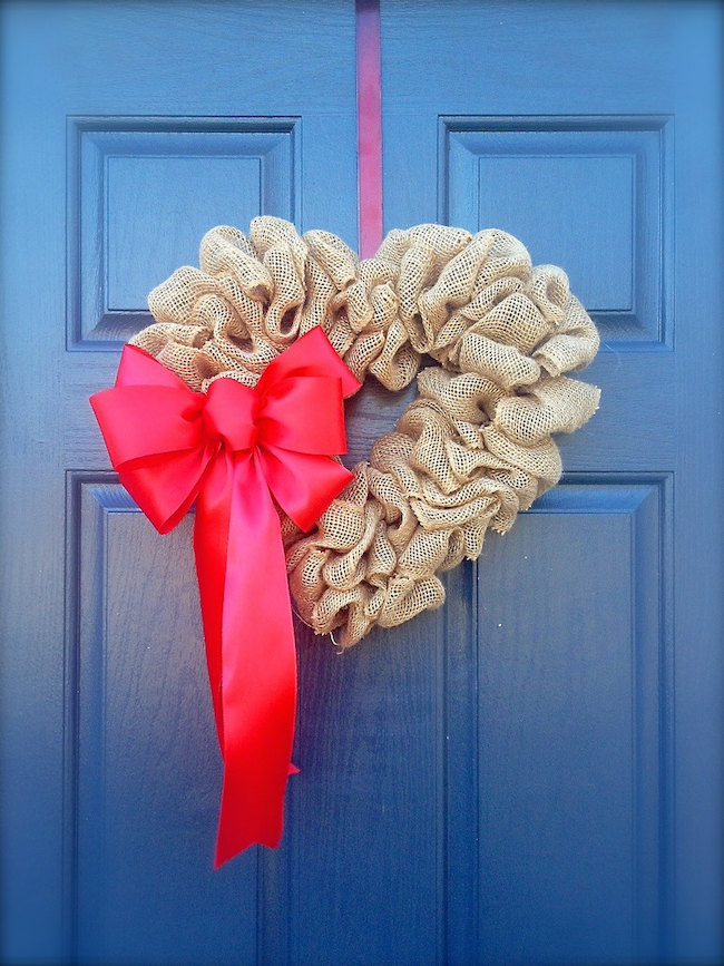 Heart-shaped Valentine's Day wreath made from burlap