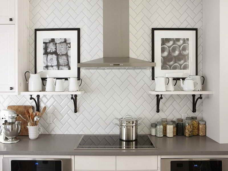 Herringbone tile backsplash in the kitchen