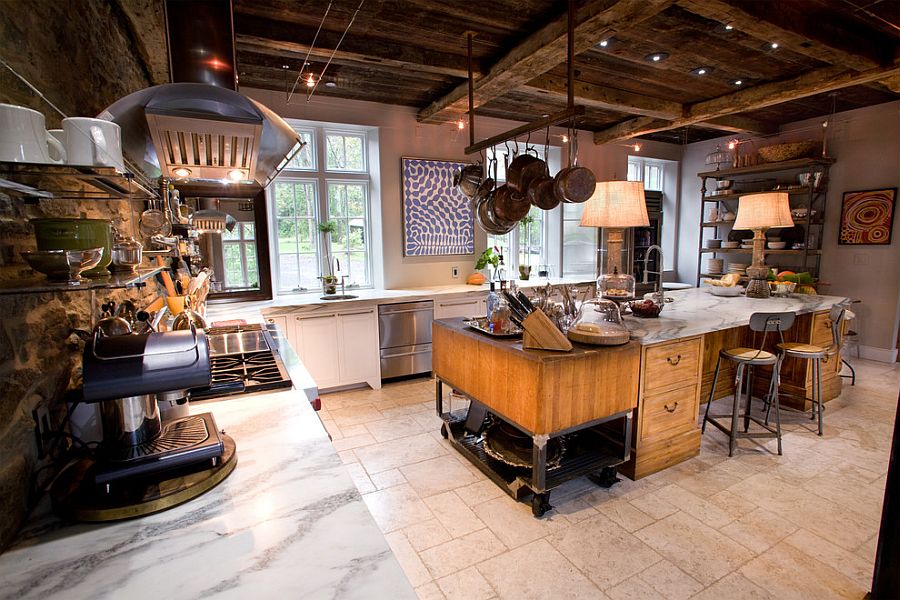 Industrial kitchen with large, unique table lamps