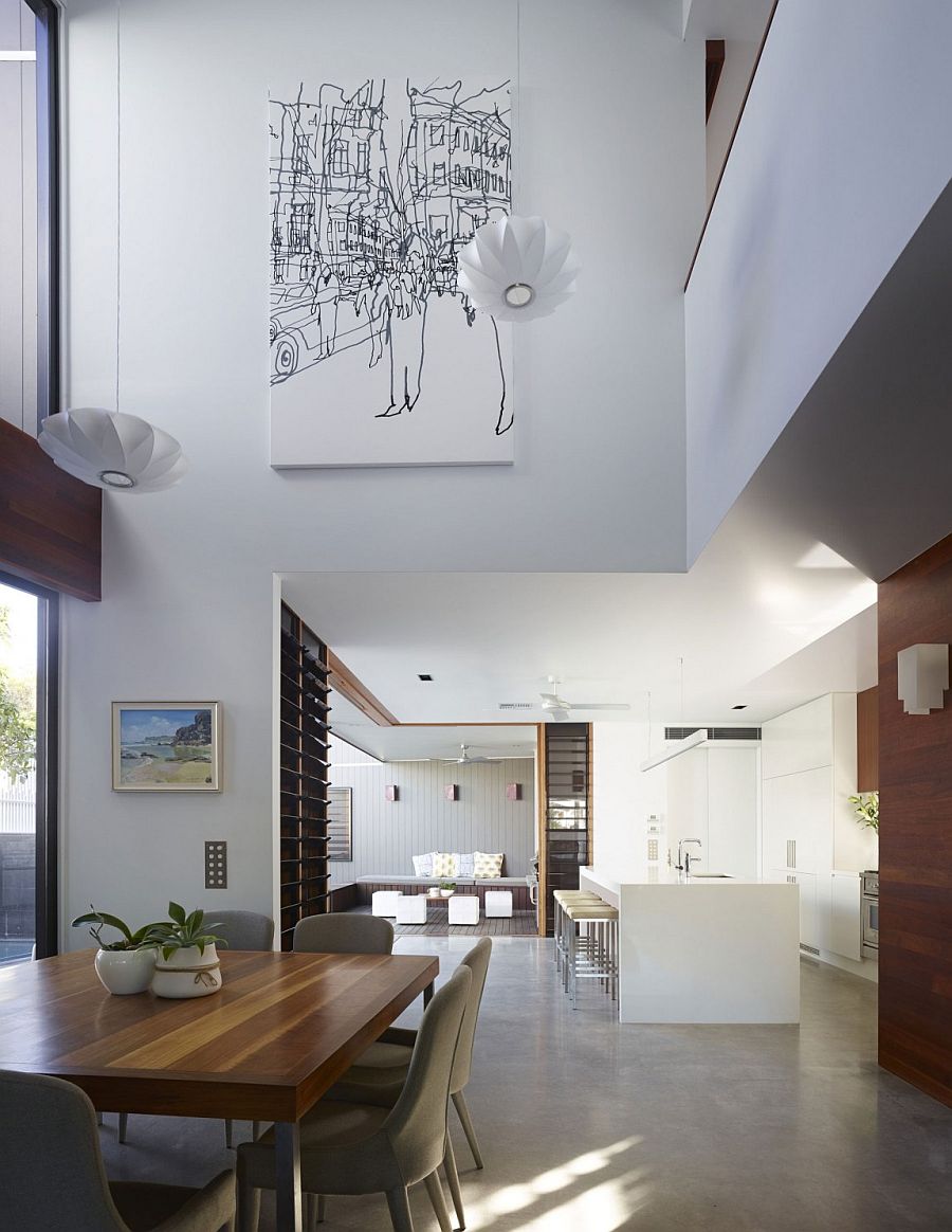 Kitchen, dining area and courtyard on the lower level of Newstead home