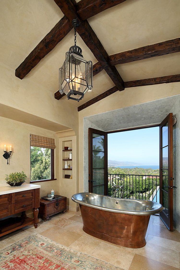 Mediterranean style bathroom in LA with a smart Juliet balcony [Design: Evens Architects]