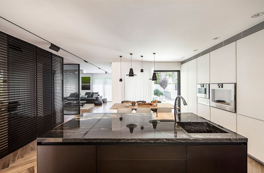 Modern kitchen island with glazed stone top