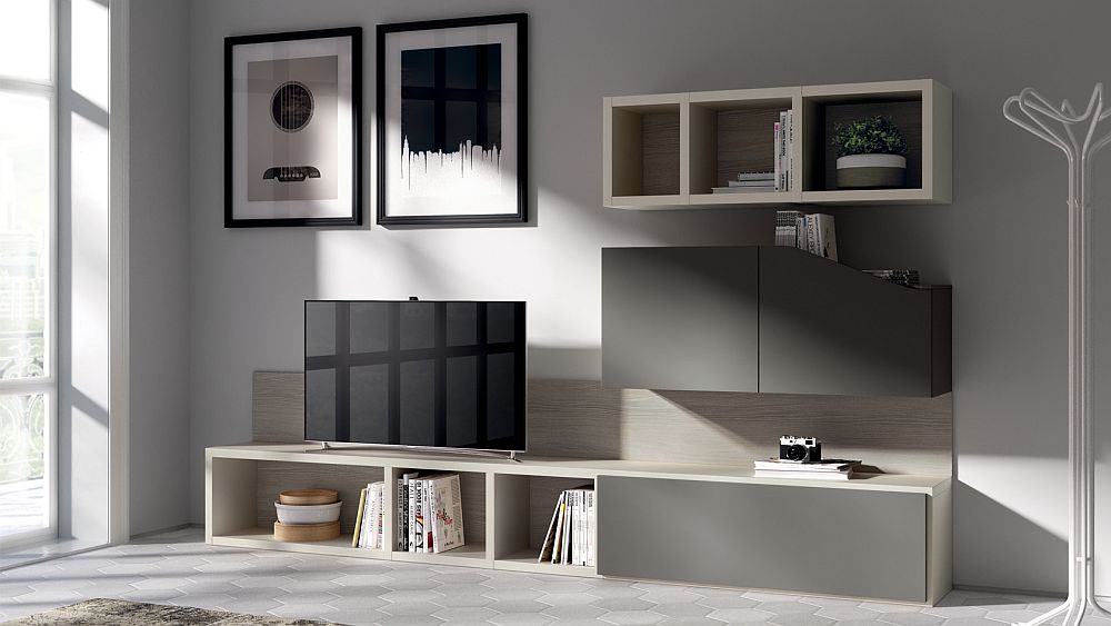 Modern minimal becomes the prominent style of the living room shelves