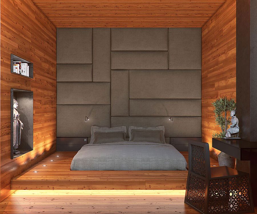 Modern minimal bedroom draped in wood