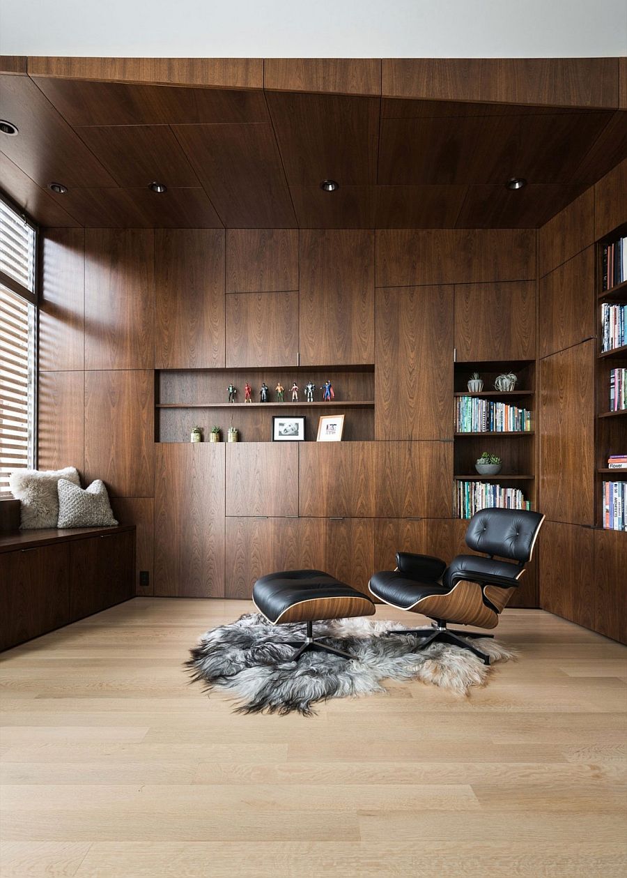 Office pod with wooden walls and ample storage