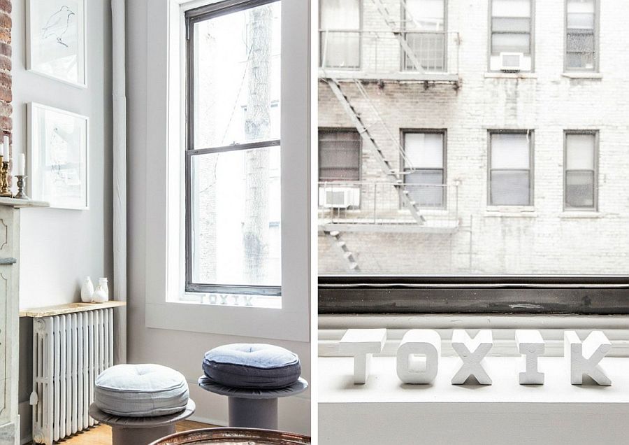 Old cable reels turned into low stools inside the apartment