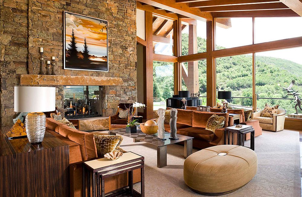 Open living room with modern decor and stone wall