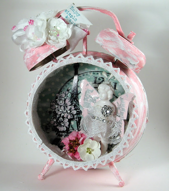 Pink and white angel-inspired altered alarm clock