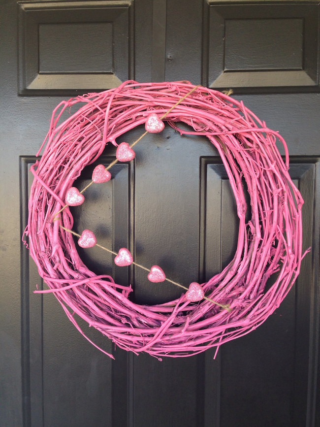 Pink grapevine wreath with hearts for Valentine's Day