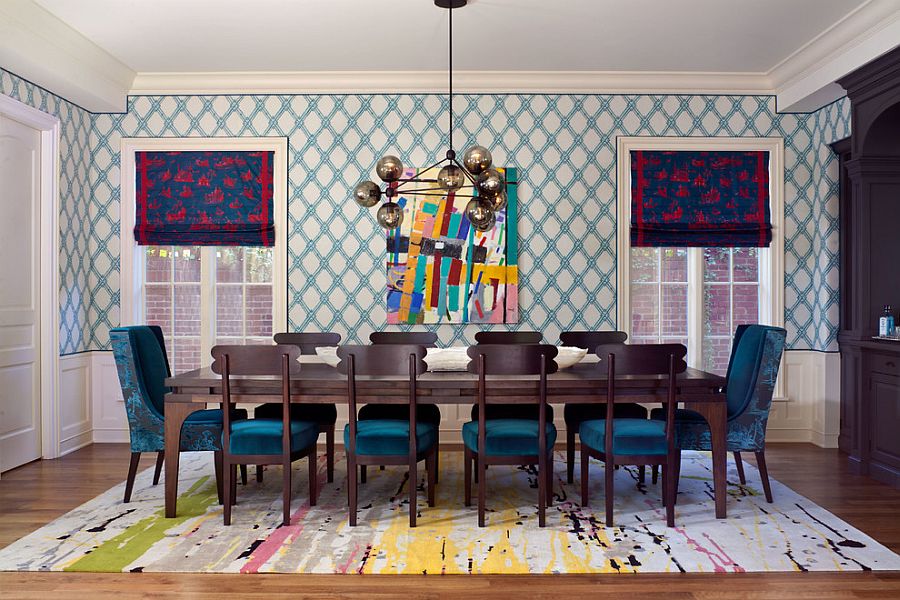 white dining table with multi coloured chairs