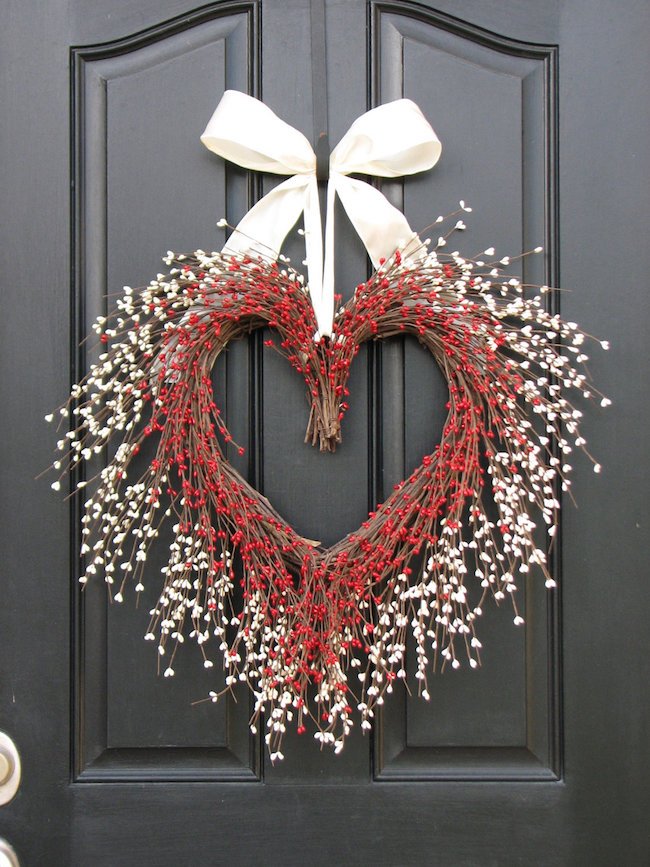 Valentine White Pink or Red Berries Grapevine Heart Shaped Wreath