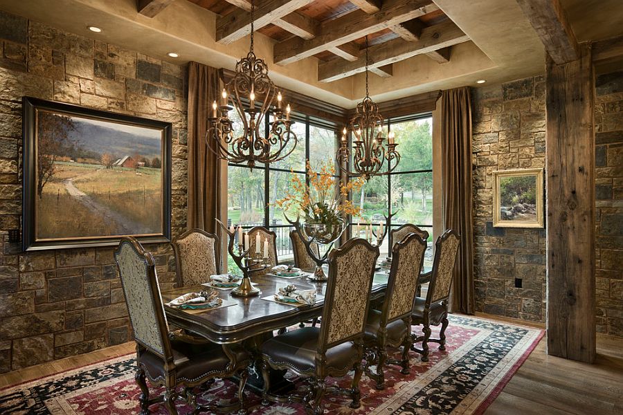 Rustic dining room with gorgeous stone walls and classy rug [Design: Locati Architects]