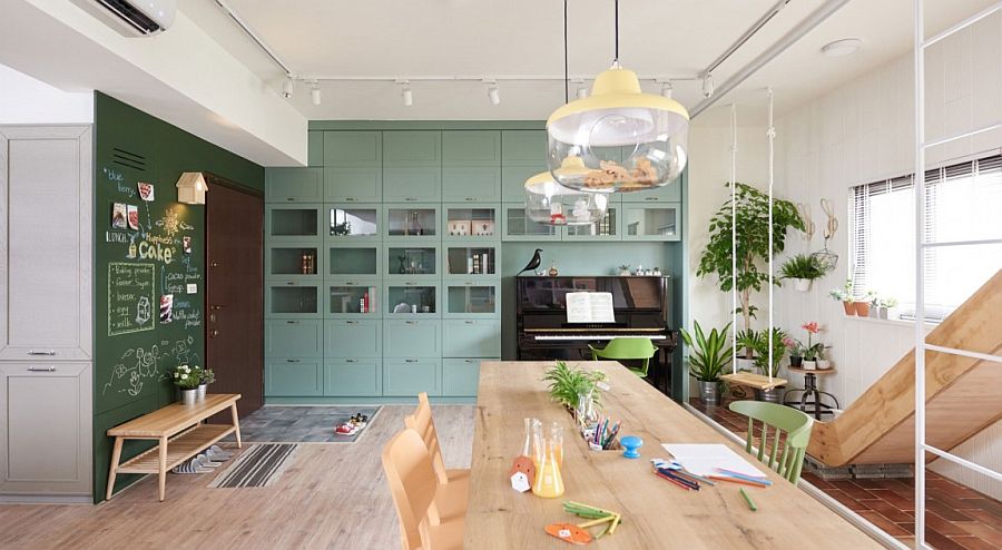 Shelves in the family area and kitchen complement each other