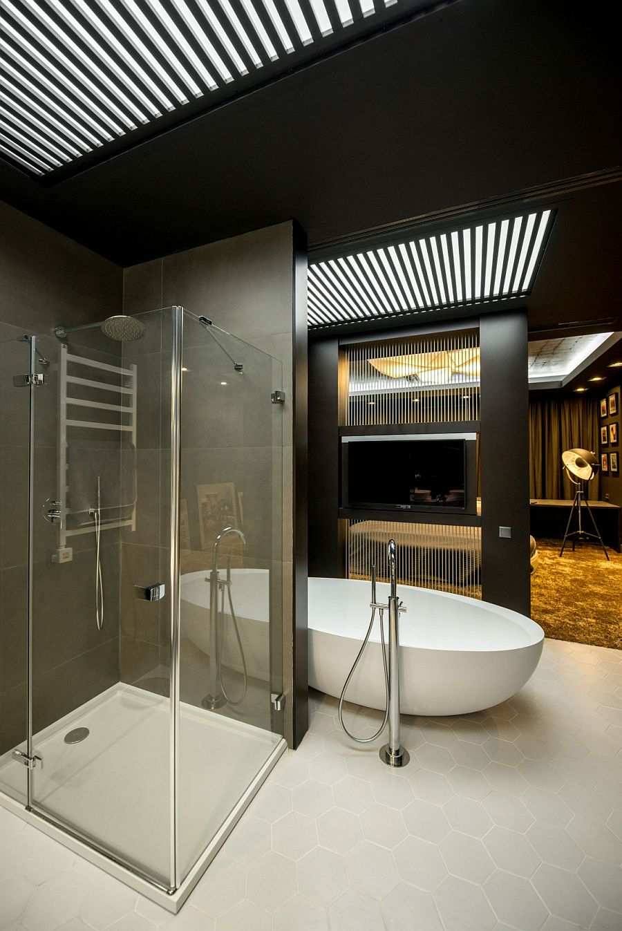 Shower area and bathtub connected to the bedroom