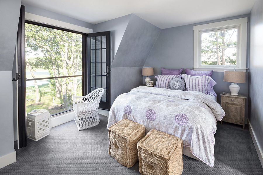 Small bedroom in purple with Juliet balcony [Design: Bowley Builders]