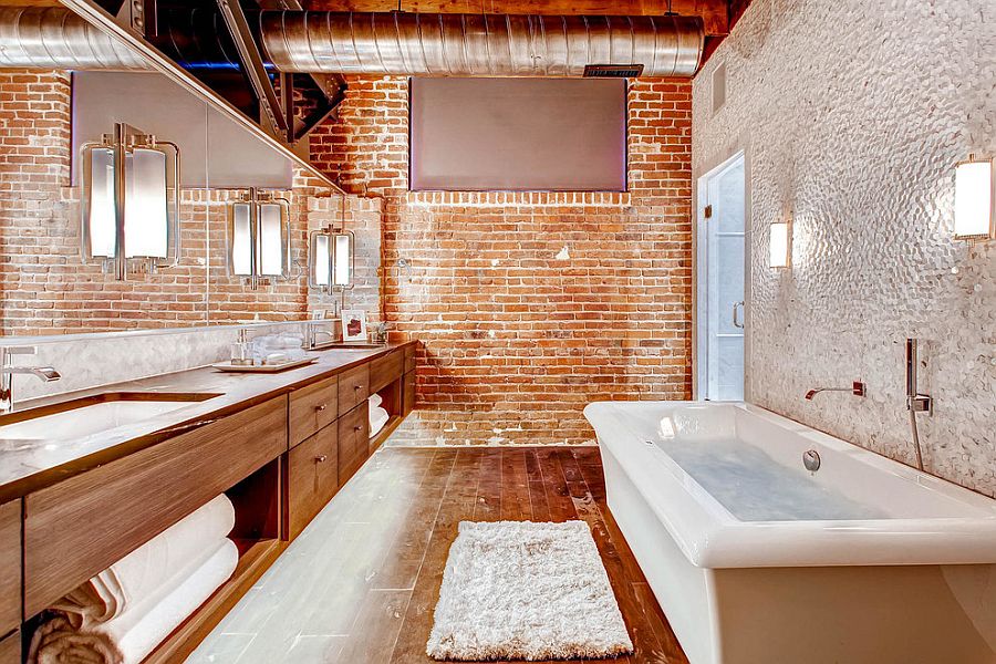 Smart lighting under the vanity drives out any sense od dreariness from the bathroom