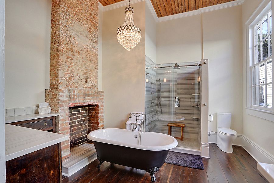 Spacious transitional bathroom with cool brick feature [Design: MLM Incorporated]