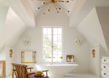 Sputnik chandelier in a white bathroom 217x155 Bring Living Room Style to Your Powder Room