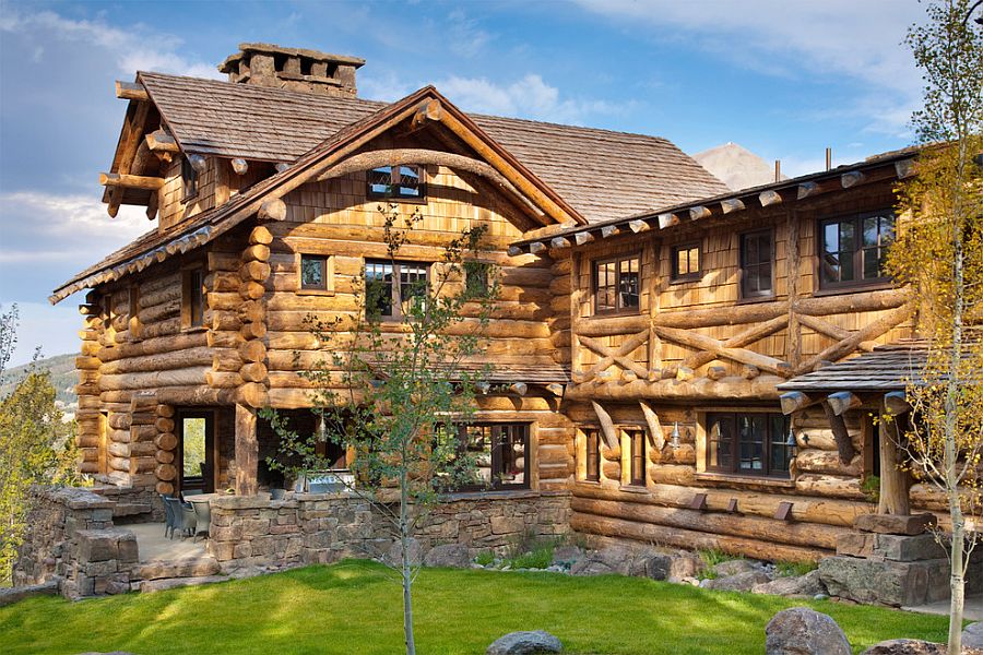 Stone and timber mountain cabin in Yellowstone Club, Big Sky