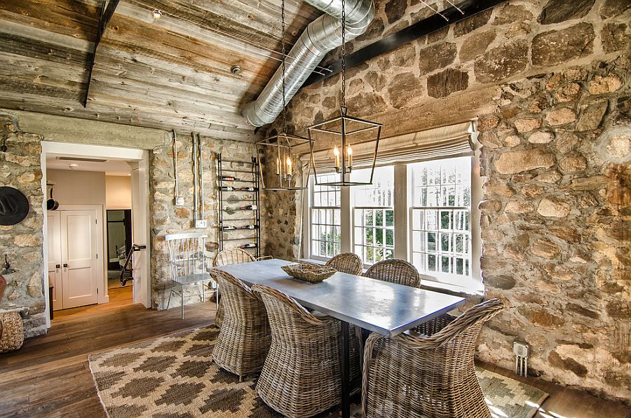 stone wall in dining room