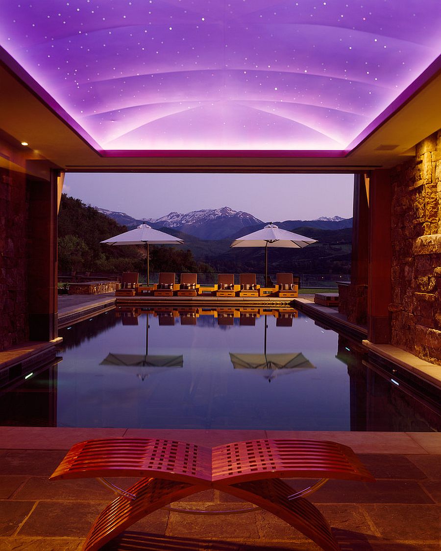 Stunning indoor pool with gorgeous ceiling and a view to match its splendor