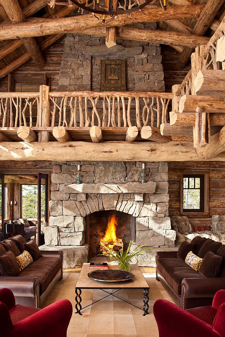 Stunning stone fireplace becomes the focal point of the cozy, rustic living room