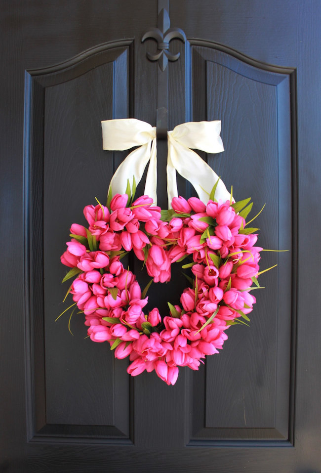 Valentine's Day heart-shaped wreath made from pink tulips