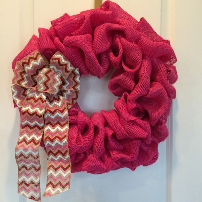 Valentine's Day wreath made from pink burlap