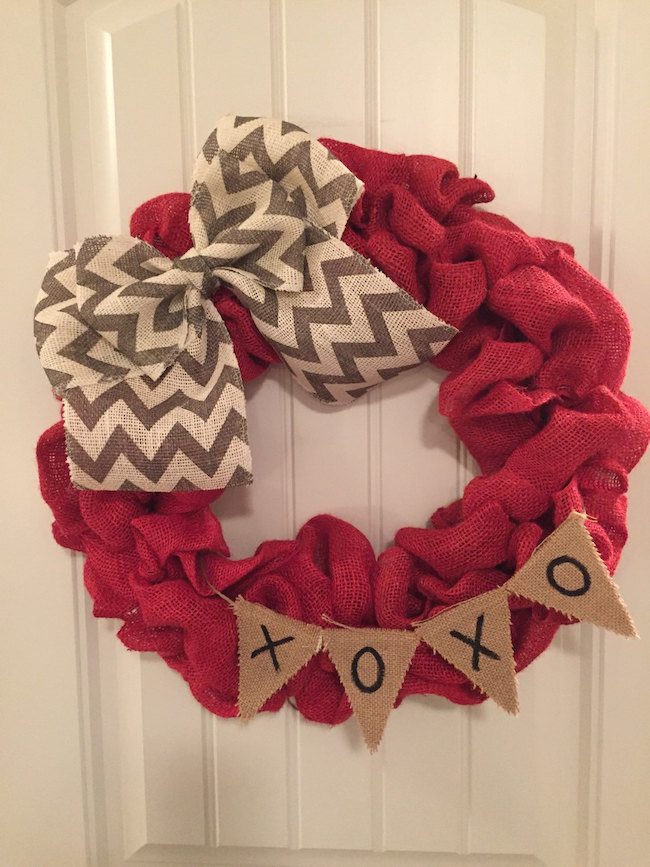 Valentine's Day wreath made from red burlap