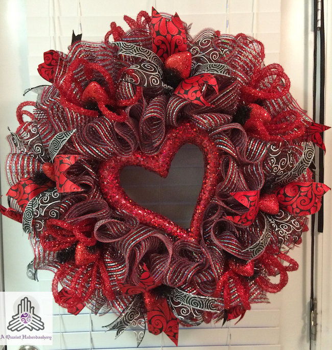 Valentine's day red:silver heart ruffle Deco mesh wreath