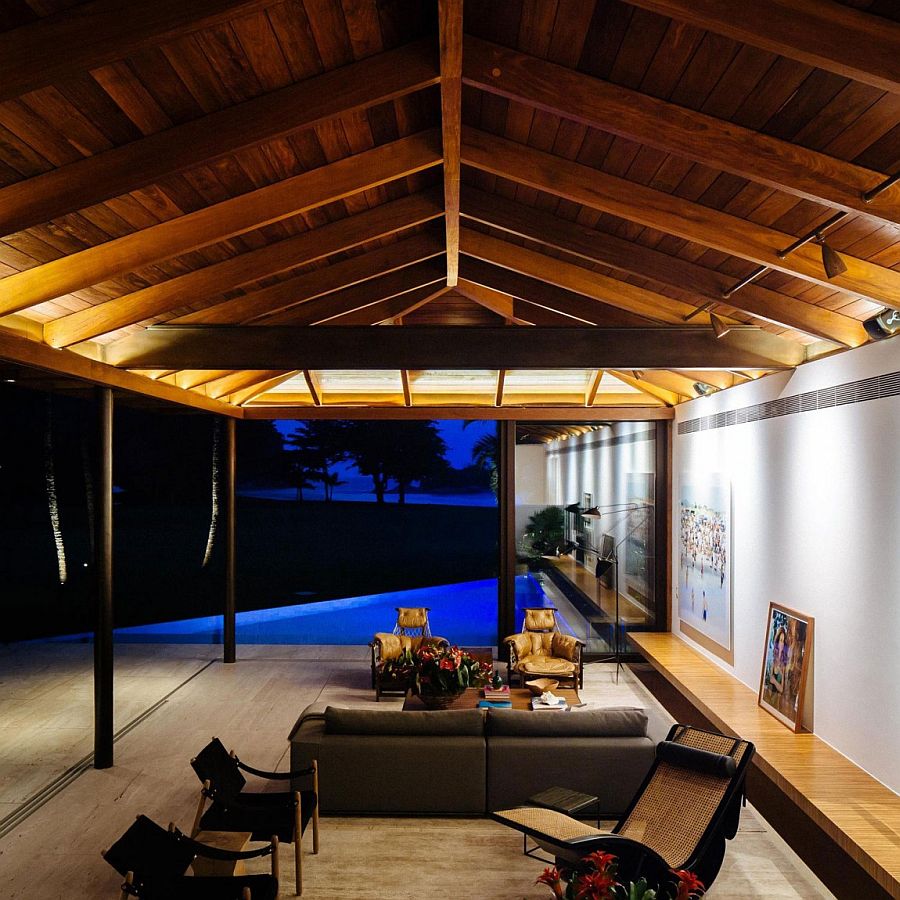 View of the pool area from the private sitting zone after sunset