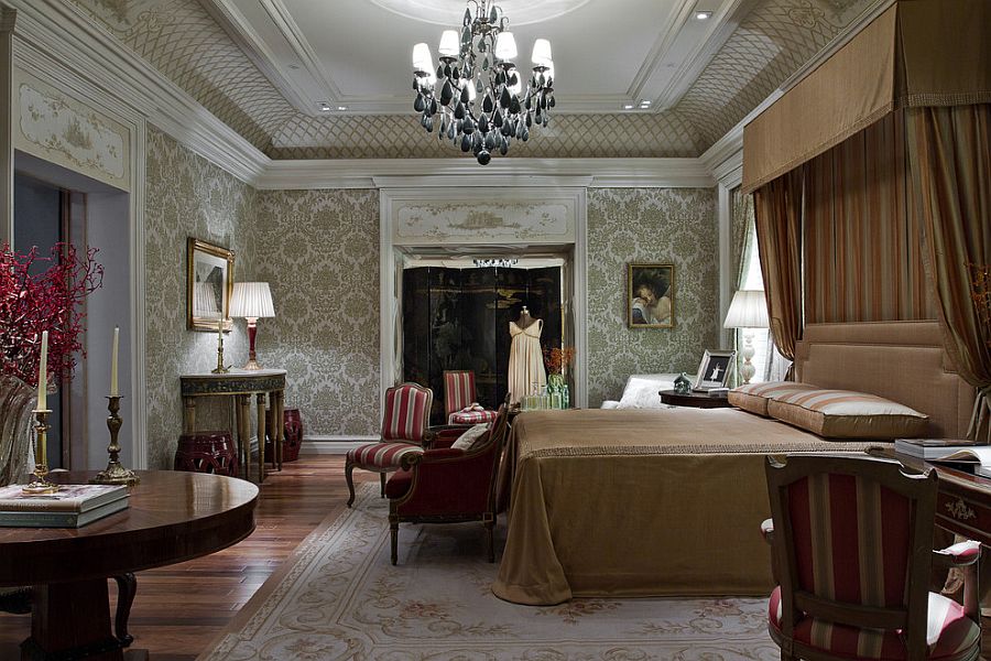Wallpaper, rug and ornate details add another layer of luxury to the bedroom [Design: Allan Malouf Studio]