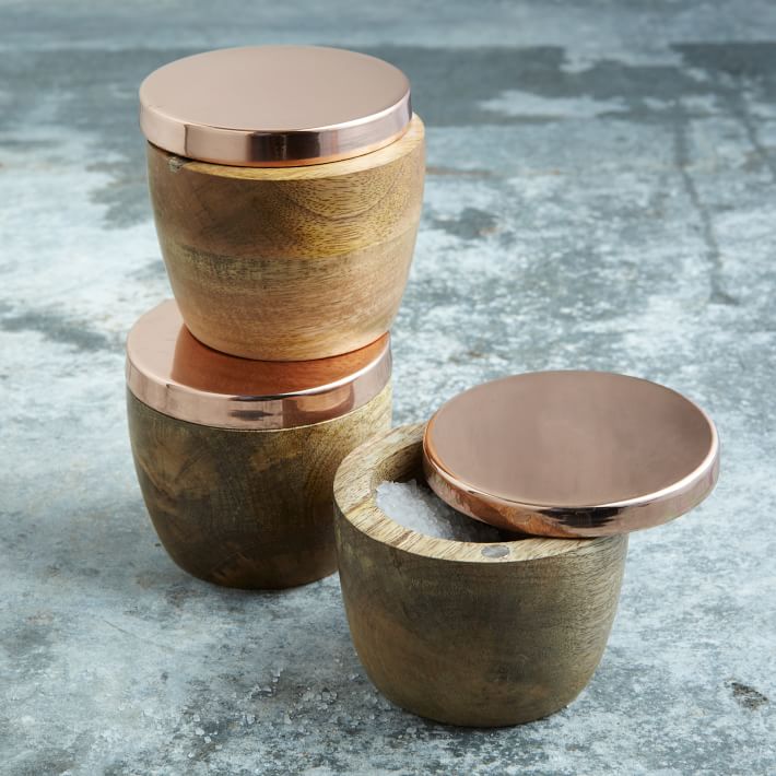 Wood and copper salt cellars from West Elm