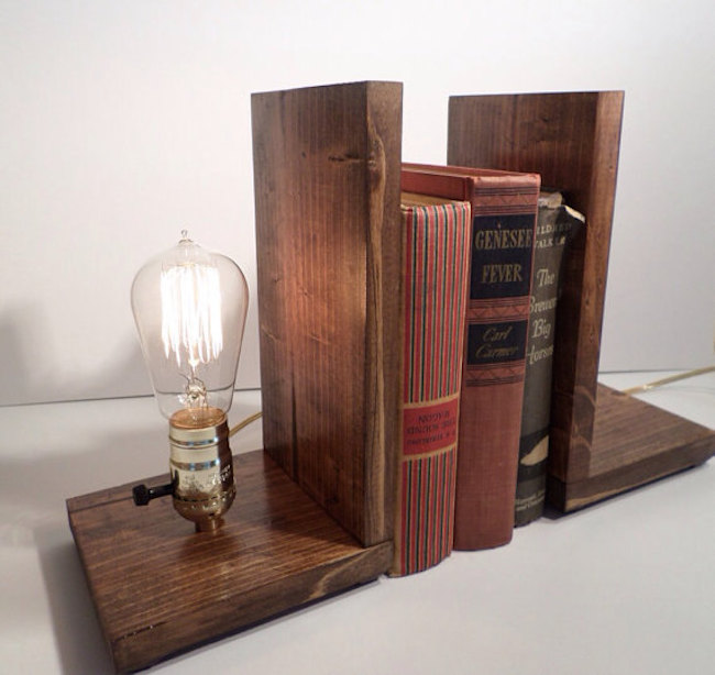 Wooden bookends with Edison bulb