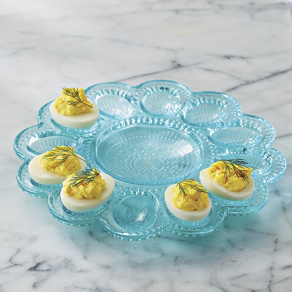 Aqua egg platter from Crate & Barrel