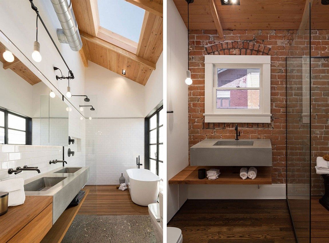 Bathroom with exposed brick wall and skylight